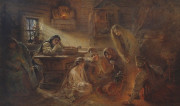 An oil painting shows a group of people sitting near a fire looking at a rooster on the floor of a cabin.
