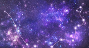 A long, snaking line ending in a loop connects numerous large, bright white stars from one corner of the sky to the other amid purple, white, and blue stars and clouds in the sky.